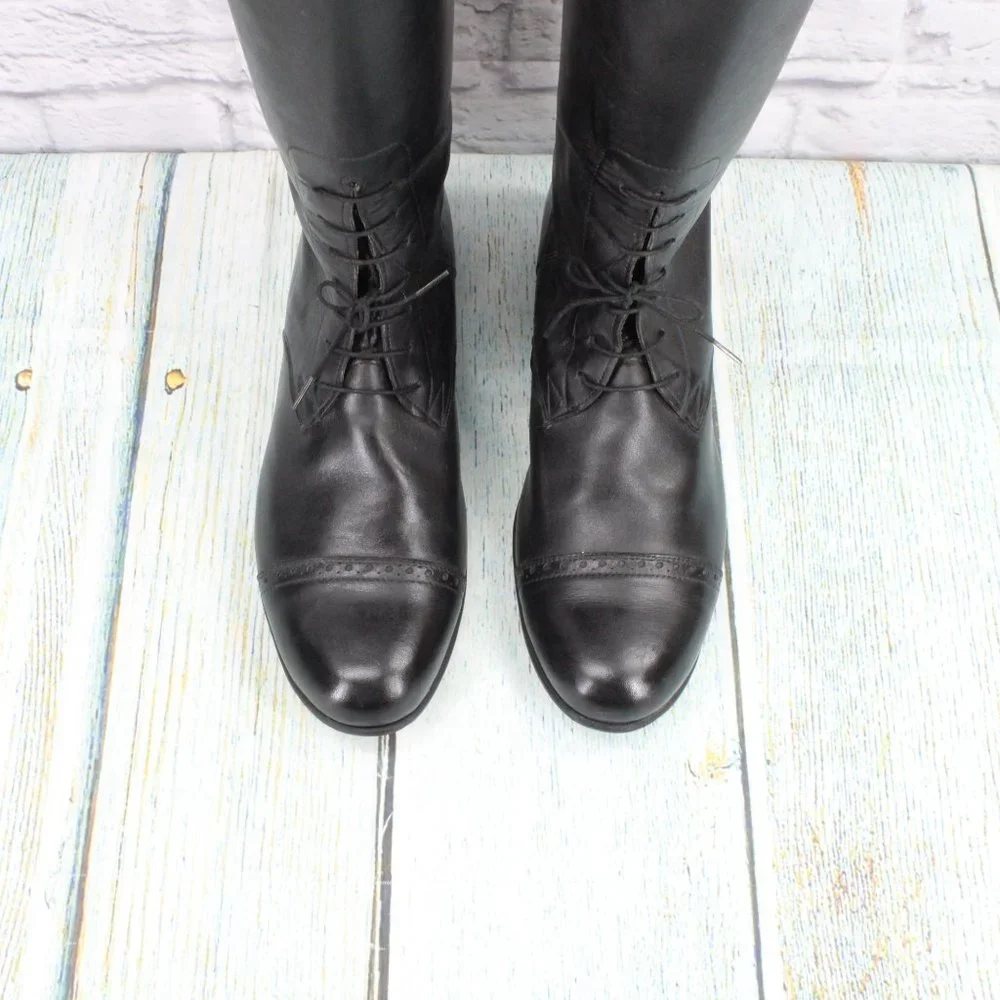*Unbranded Black Leather Pull On Cap Toe Back Zipper Tall Boots Size 10.5 - Picture 5 of 9